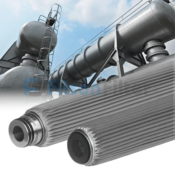Two pleated cylindrical filter cartridges in front of large industrial processing vessels.